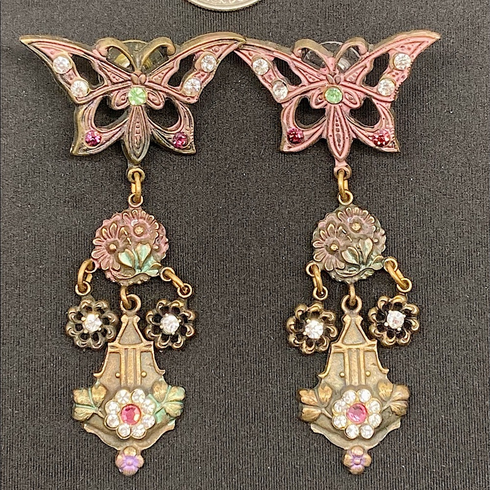 Vintage Signed Don Lin Enamel Rhinestone Butterfly Flower Dangle Earrings